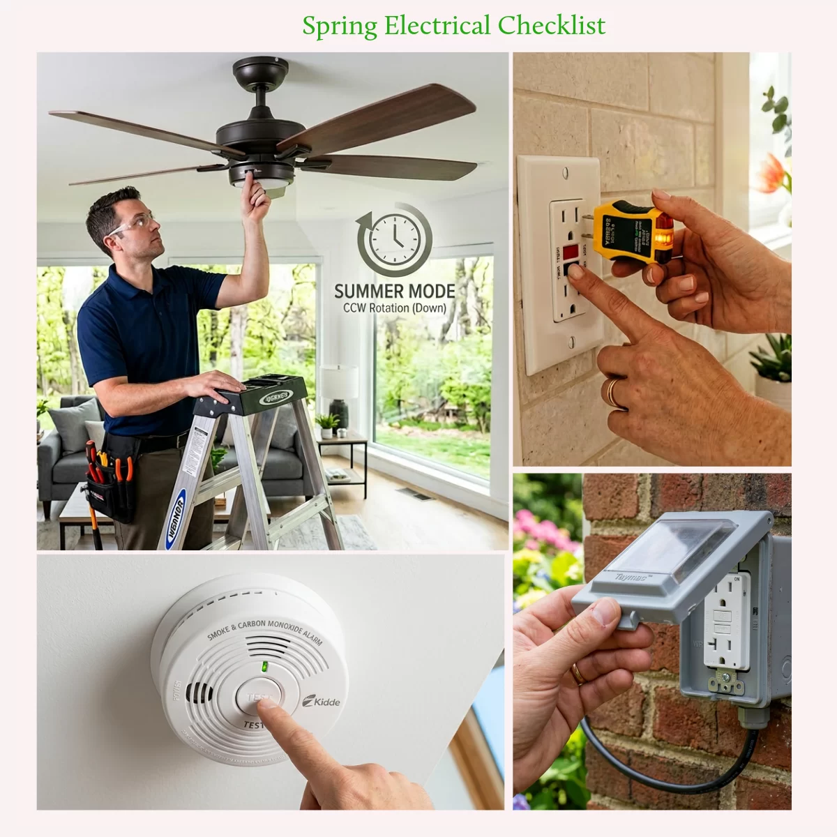 Spring Electrical Checklist: fan, kitchen outlet, outdoor outlet, smoke detectors